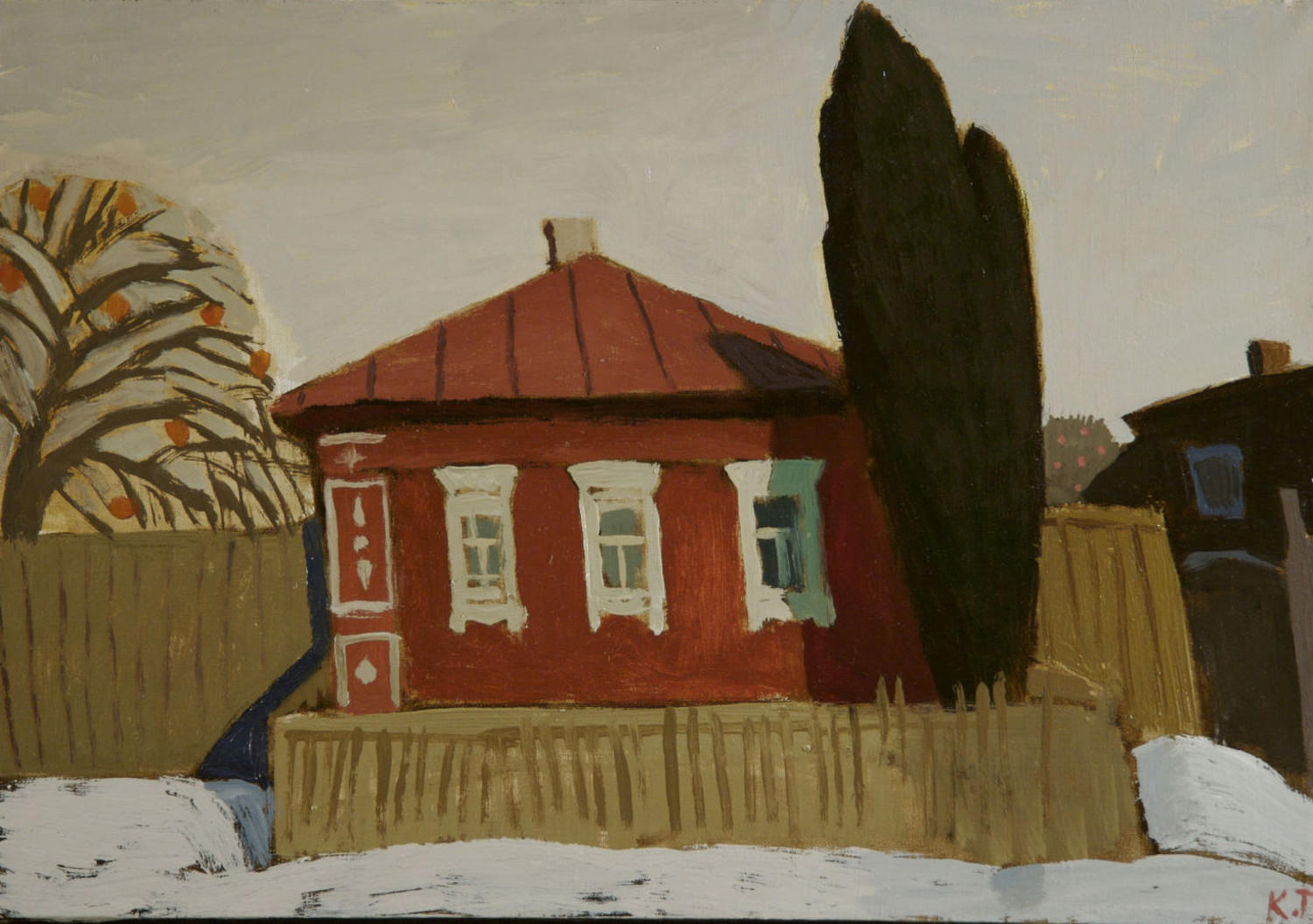 Деревня. Дом & туя (Деревня). Екатерина Татарская. 2004, холст, масло, 50x30