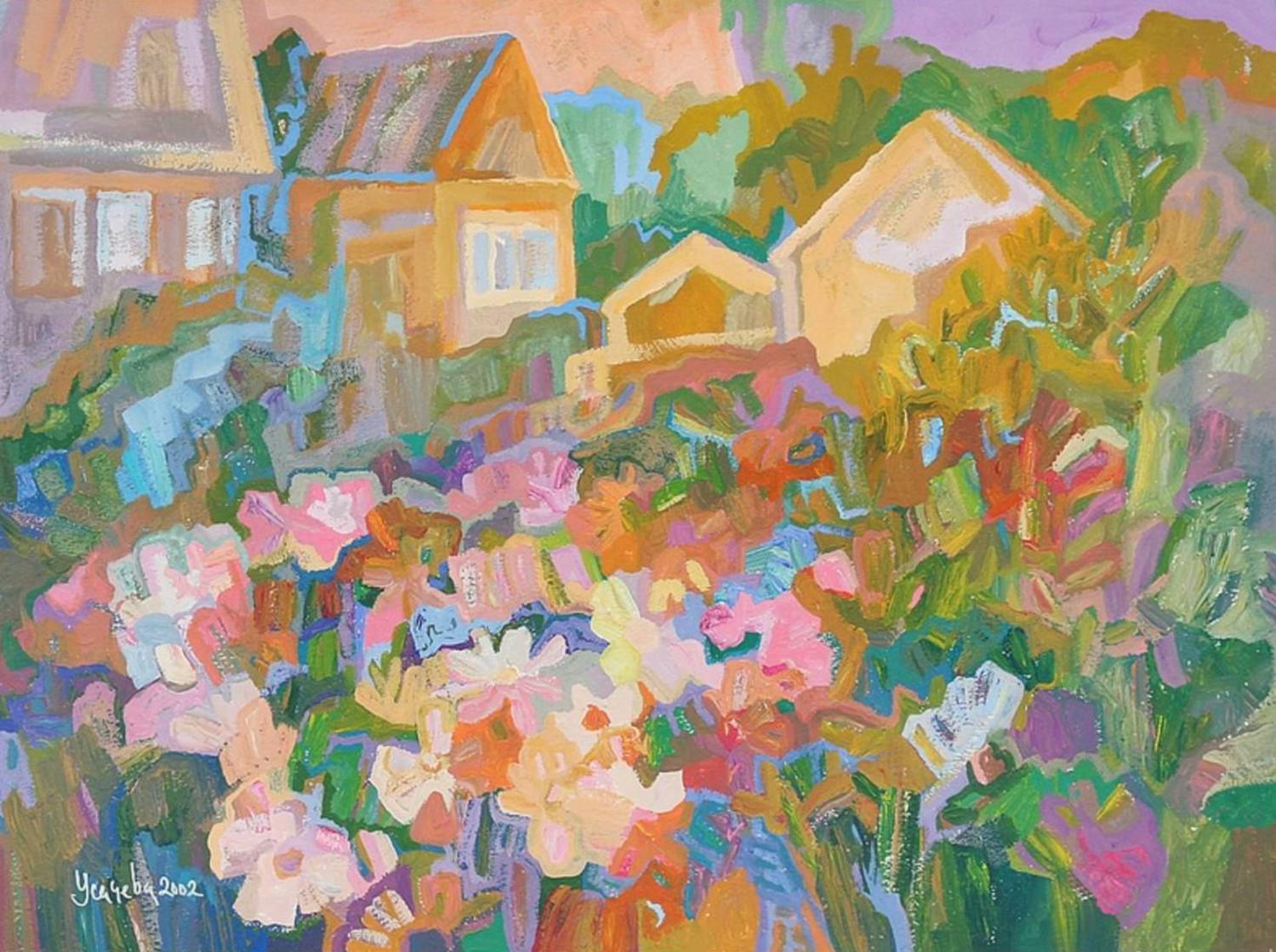 Пейзаж с лиловыми цветами. Марина Усачева. 2002, бумага, акрил, 76x56